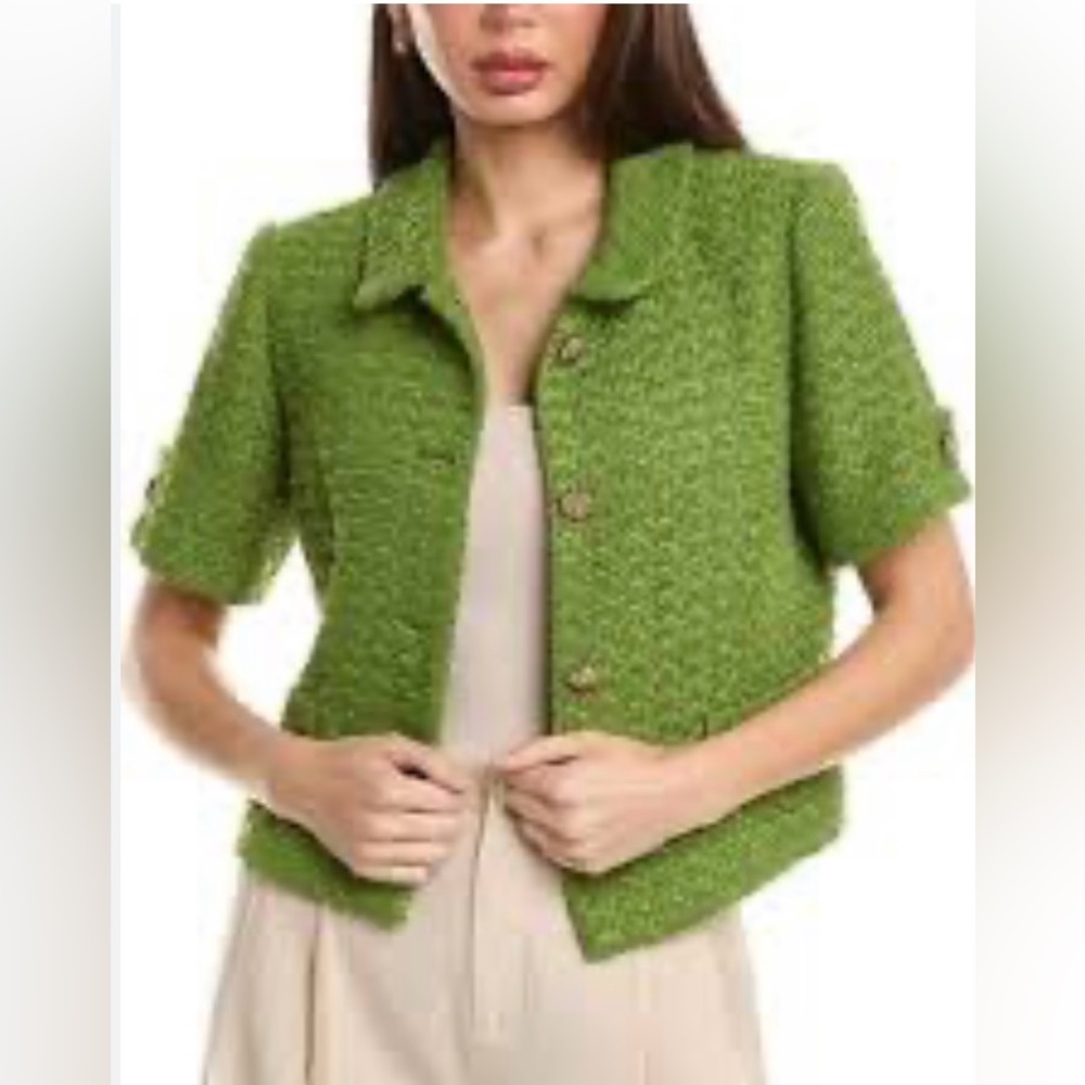 FLORA BEA NYC Kelin Short Sleeve Green Tweed Gold Button Jacket Size Medium